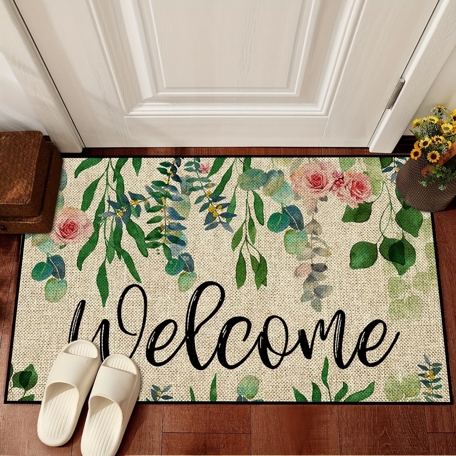 Image of Leaf Welcome Door Mat - Non-slip, Machine Washable Floral Entrance Rug For Indoor/outdoor Use - Living Room, Kitchen, Bedroom & More