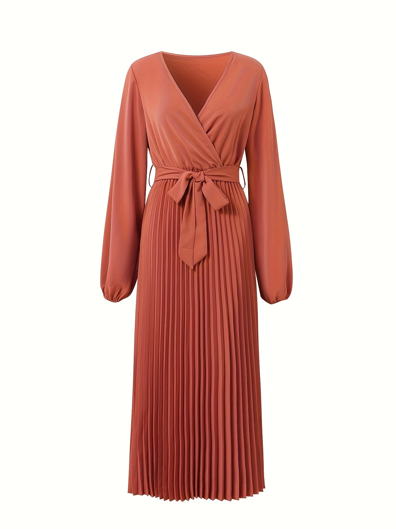 spring/autumn v-neck ruched long sleeve metallic belt all-match fashion  elegant dress women's | Shop On Temu And Start Saving | Temu