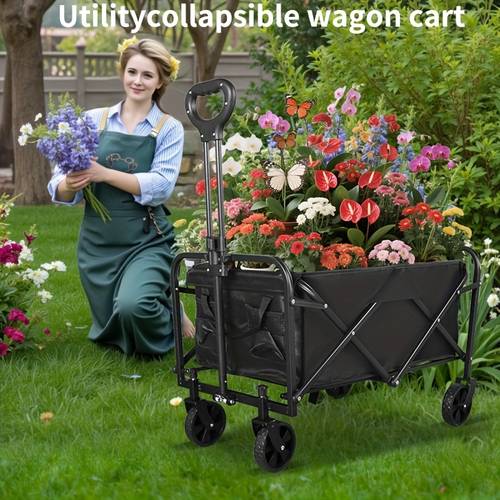 220/450/680 lb Capacity Heavy-Duty Folding Cart - Stainless and 600D Oxford Fabric, Foldable Wagon for Camping, Gardening, Beach, Shopping - No , Black Garden Tool Holder, Sturdy , Durable Wheel Construction