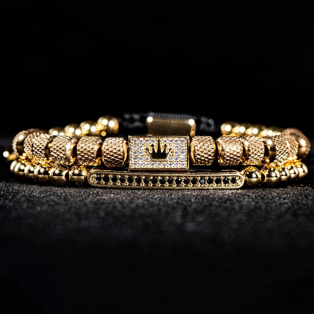 2pcs/set Bracelet Men's 6mm Mesh Bead Bracelet Bead Matching Square Micro-pave Crown Men's Bracelet Set