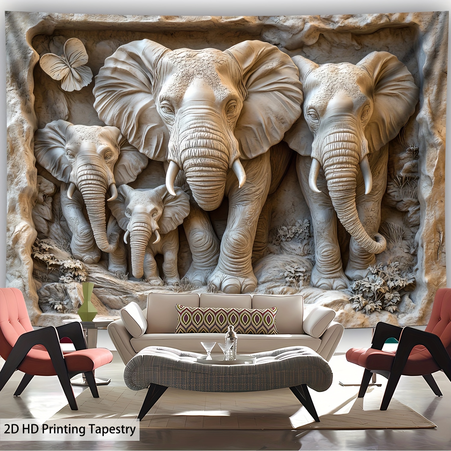 Tenture murale éléphant sculpture pierre impression hd grand_voghion.com