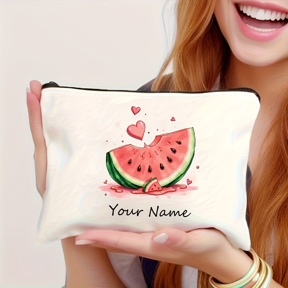 TEMU Custom Name Watermelon Heart Pattern Themed Inspirational Makeup Bag - Large Capacity Travel Cosmetic Pouch, Portable Zippered Toiletry