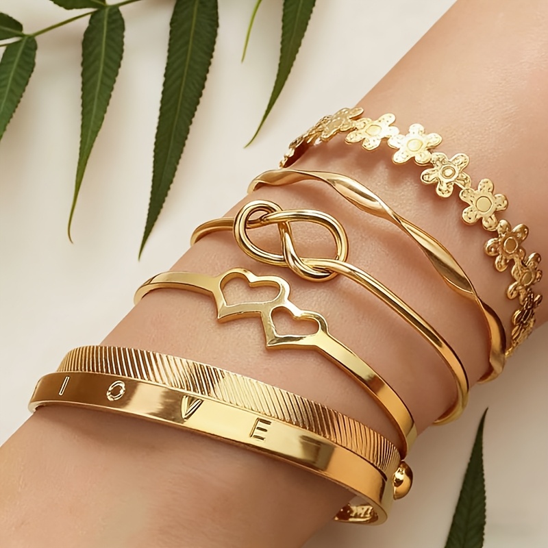 6pcs Vintage Creative Double Heart Flower Knot Bangle Bracelet Set
