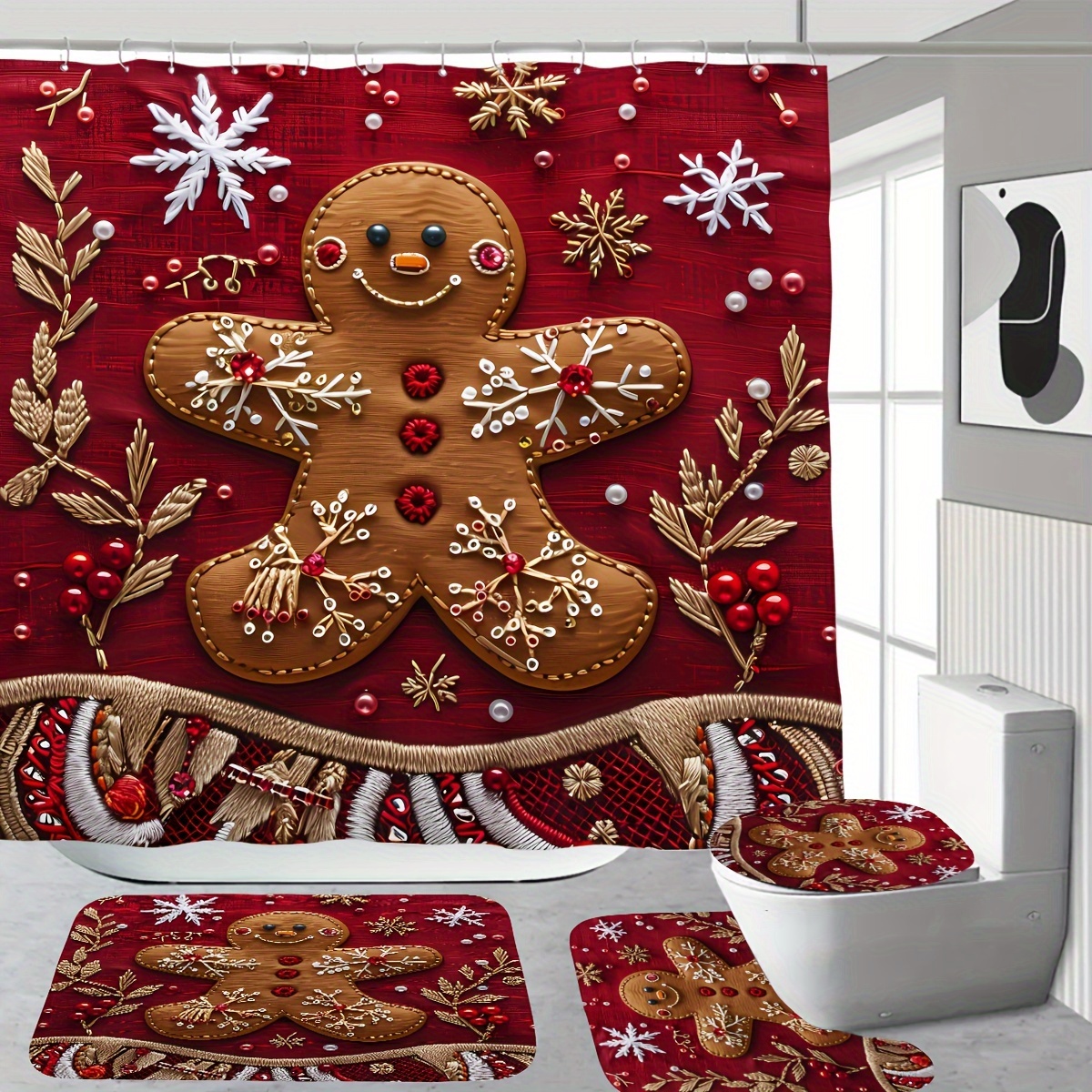 

Christmas Gingerbread Man Shower Curtain Set With Lined Polyester Bath Mat And Toilet Seat Cover - Waterproof, Woven, Forest Theme, Includes 12 Hooks - 180x180cm