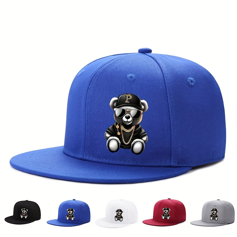 

Adjustable Baseball Cap With Cute Bear Hip-hop Print - Lightweight, Breathable Polyester, Flat For Outdoor Sports & Beach Parties, In Multiple Colors, Baseball Cap