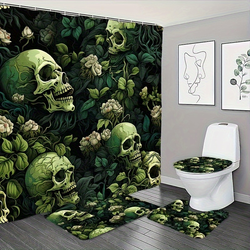 

1/3/4pcs Decor Green Pattern Bathroom Set, Machine Washable, Shower Curtain, Non-slip Bath Mat, U-shape Mat, Toilet Lid Cover, Bathroom Decor, Hooks Included