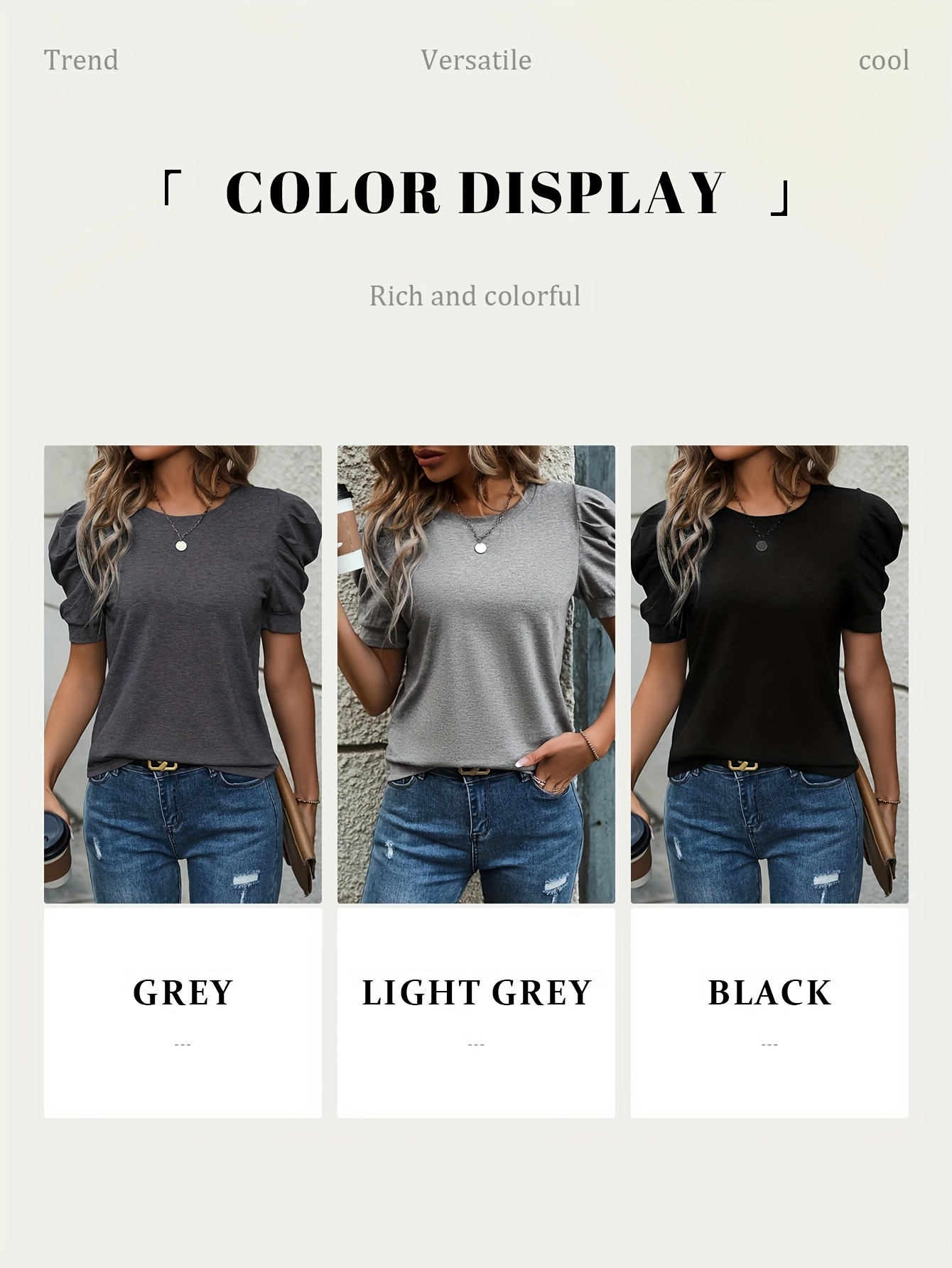 Elegant Gray Crew Neck Short Sleeve Top for Women - Soft Polyester Blend, Casual & Comfortable Fit, Perfect for Casual Attire, Casual Casual Attire|Elegant Crew Neck|Smooth Texture Fabric