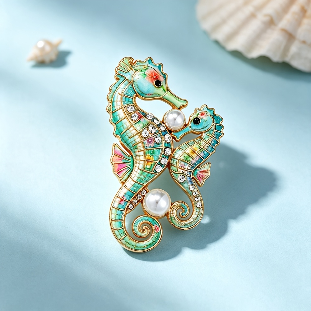 Rhinestone Seahorse Enamel Brooch, Embracing Design