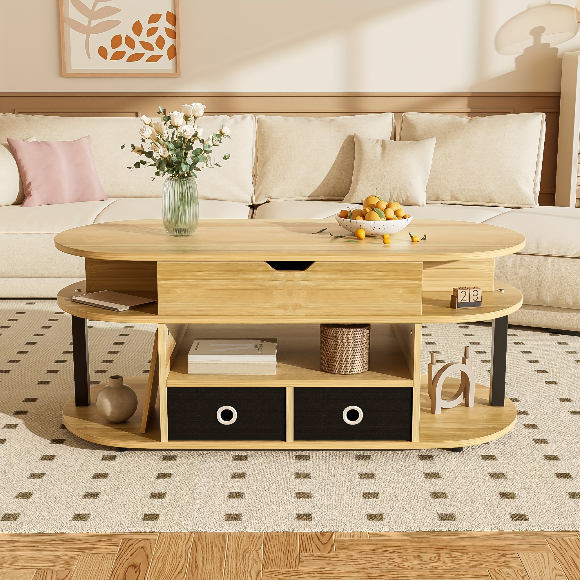 TEMU Modern Woodgrain Coffee Table With Lift-top & 2 Black Fabric Drawers - Contemporary Storage Furniture For Living Room, Office, Easy Assembly,
