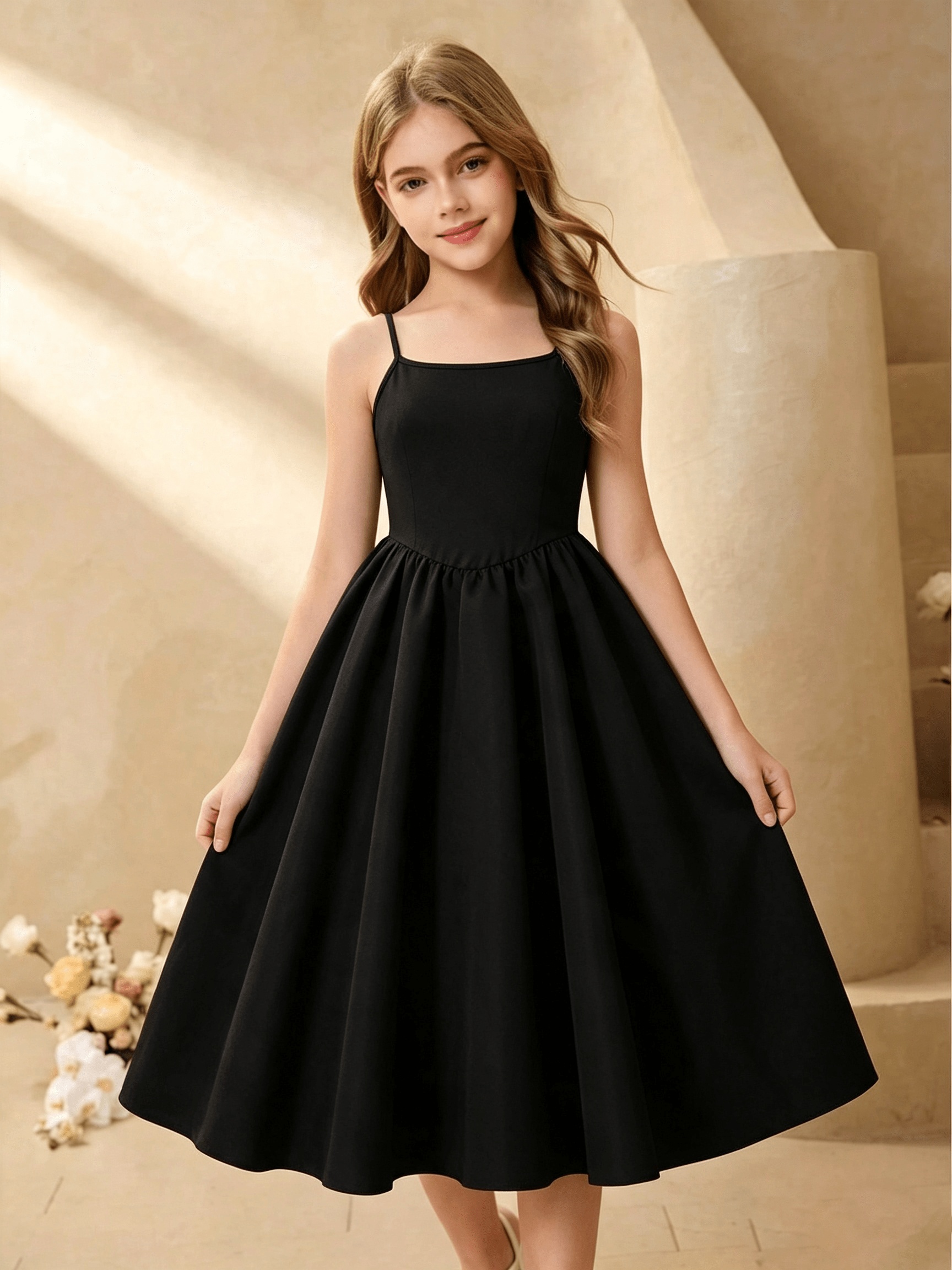 Teenage Classic Retro Style Black Thin Strap Dress, High-Waist Cinched Flared A-Line Midi Dress, Age 13-16 Daily Banquet * Versatile Evening Dress, for Teenager, For Teenager