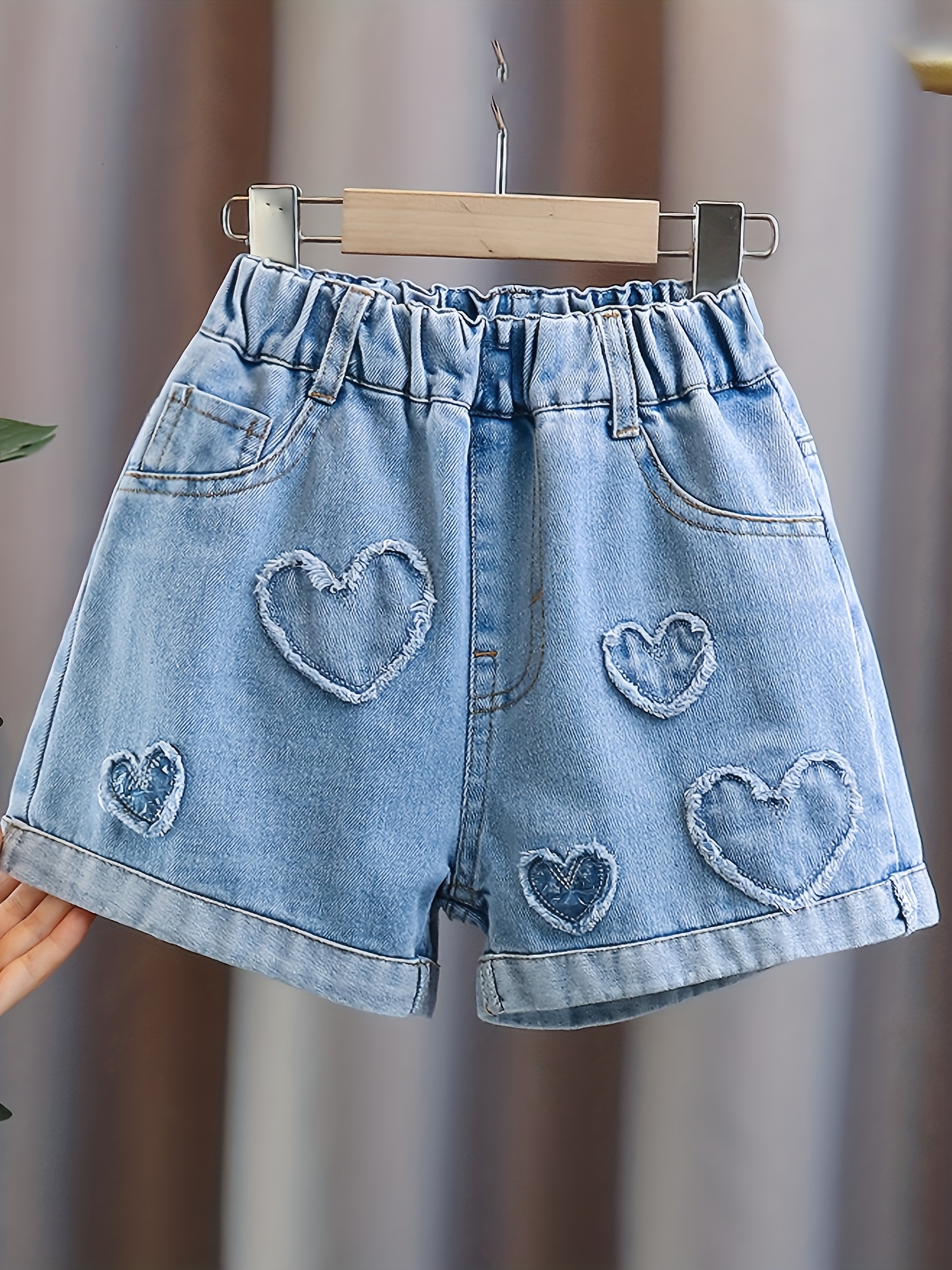 2025 new arrival girls love heart denim shorts zipper free rolled cuff denim hot pants elastic waist casual cute shorts for summer back to school