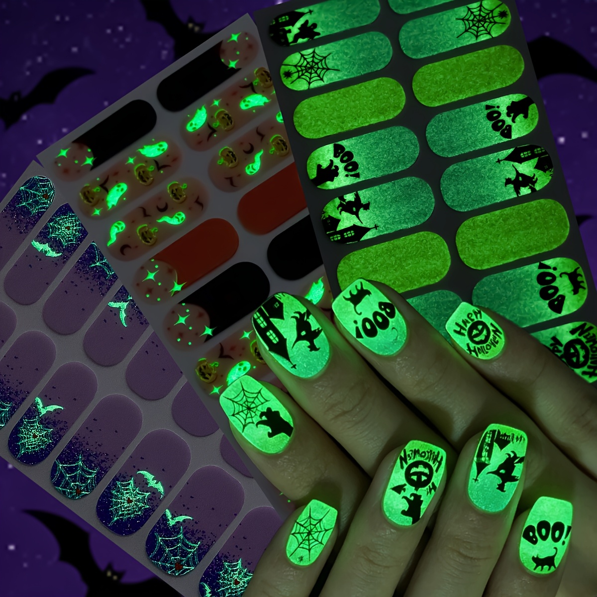 TEMU 3pcs Halloween Wraps, Fun Cartoon -the-dark Self-adhesive Nail Stickers, Easy To Apply, Women's Holiday Parties And Halloween Diy Nail Art