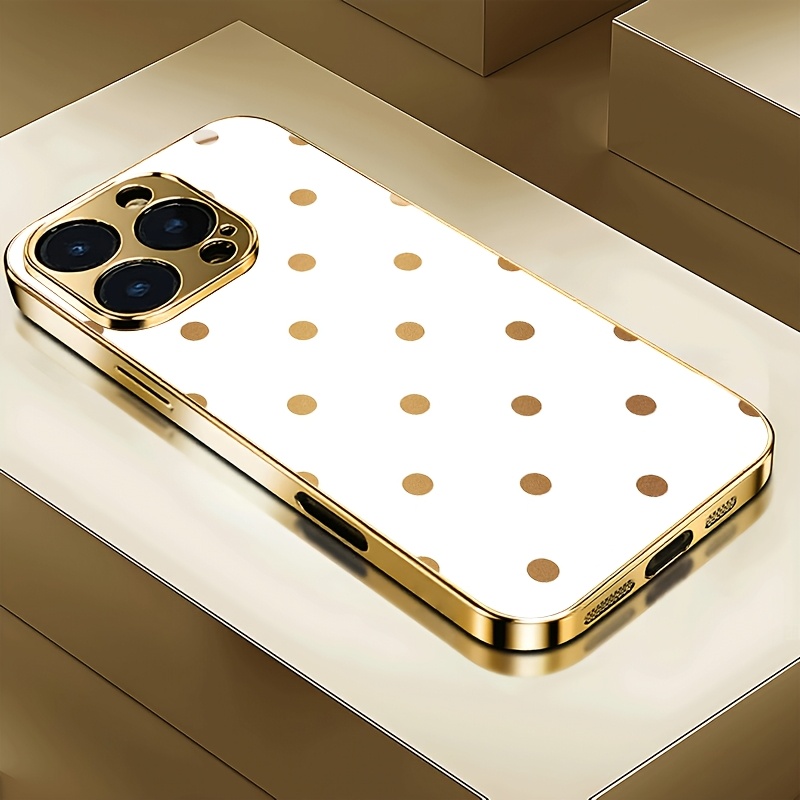 TEMU Phone Case: White Background With Golden Polka Dots Iphone Case - Golden Electroplated Tempered Glass Cover, Shockproof, Anti-scratch,