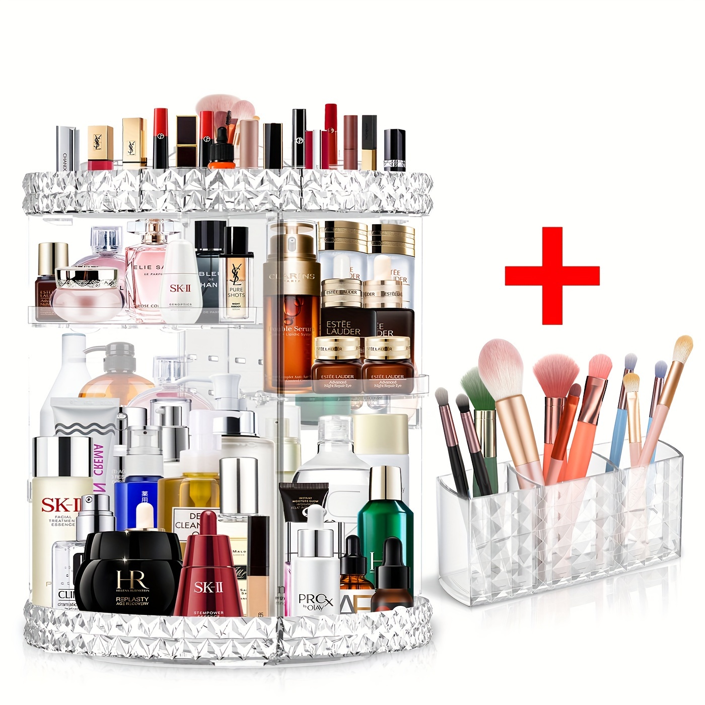 

360 Rotating Dresser Makeup Organiser + Cosmetic Brush Holder, Perfume Organiser With 6 Diy Adjustable Layers, Large Capacity Skincare Organiser, Makeup Organiser For Bedroom, Dressing Table