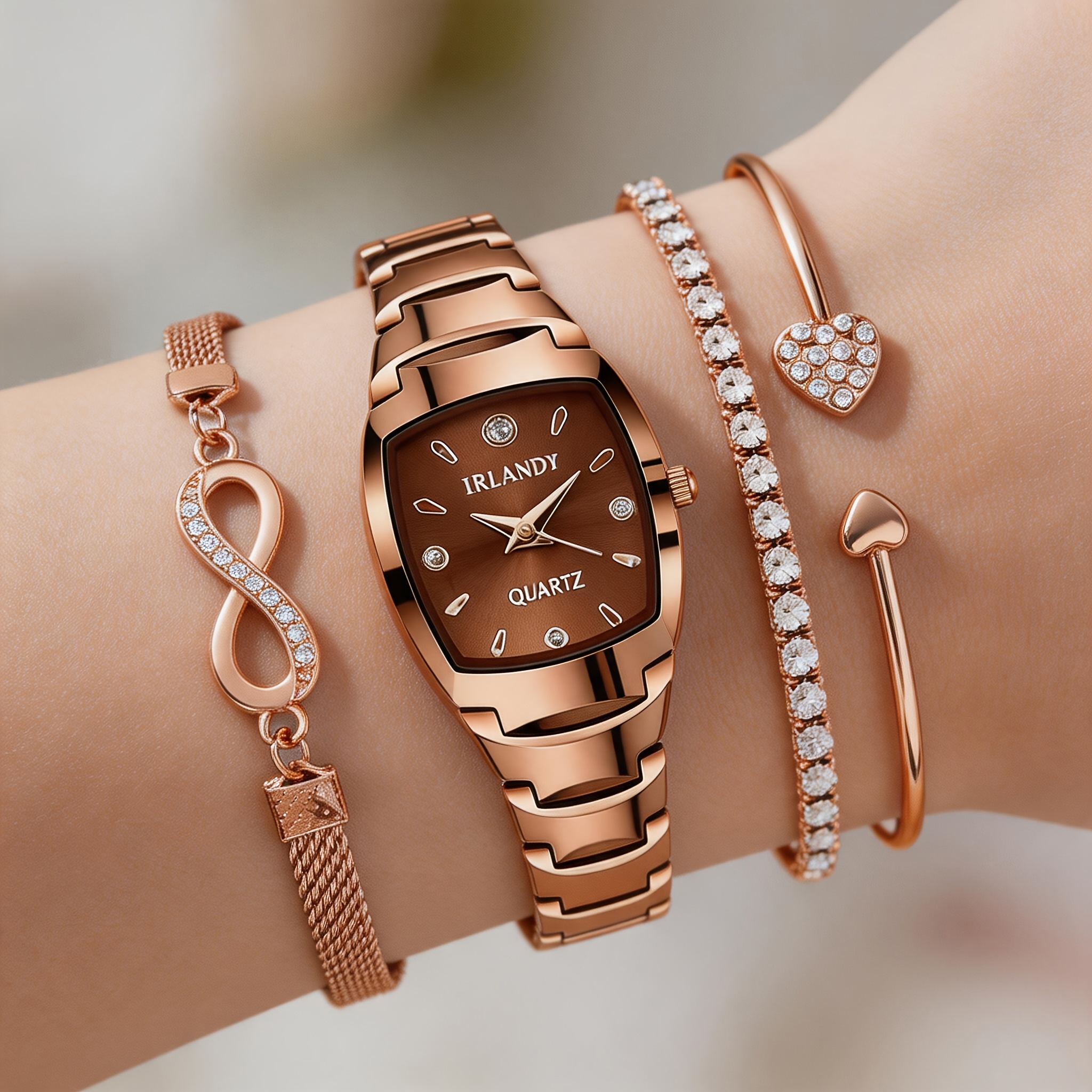 Image of 4pcs Set: Stylish And Elegant Ladies' Watch Set, 1 Watch + 3 Bracelet Sets, Classic And Versatile Square Dial Ladies' Watch. Box Is Not Included