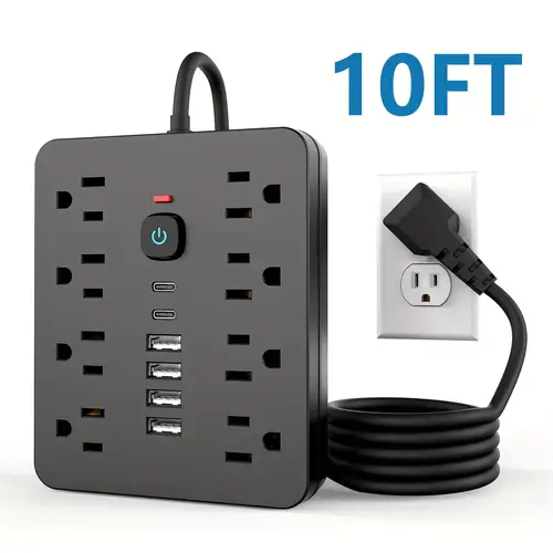 14in 1 power strip protector with 8 outlets 4 usb and 2 usb c ports flat plug wall mount protection desk usb charging station for home office