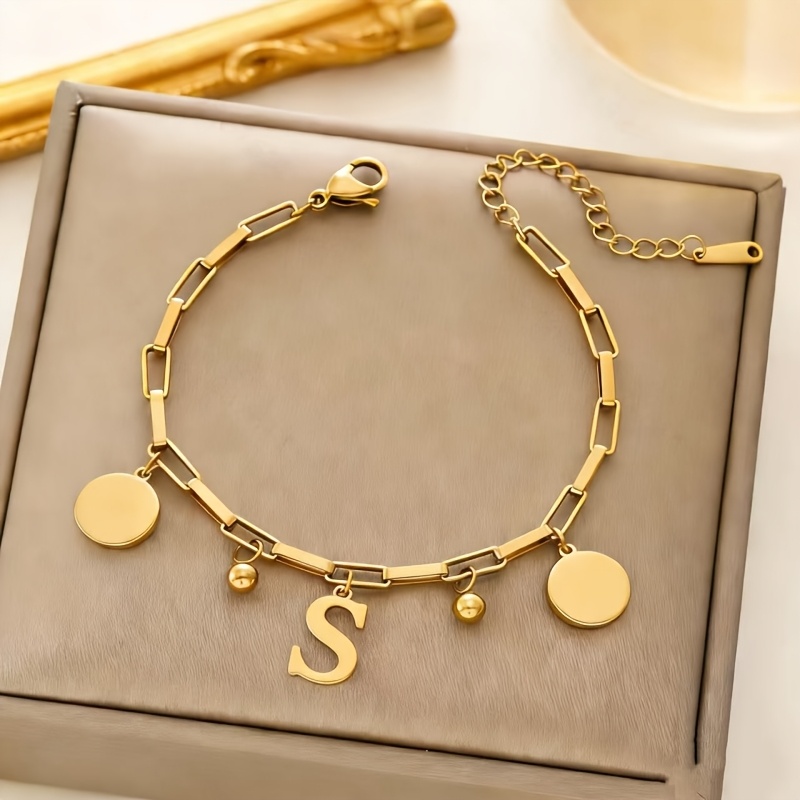 TEMU Bracciale da donna 1 pz / Bracciale in acciaio inossidabile con targhetta stile Hip-Hop da 26 lettere / per uso e regali per feste / Un delicato