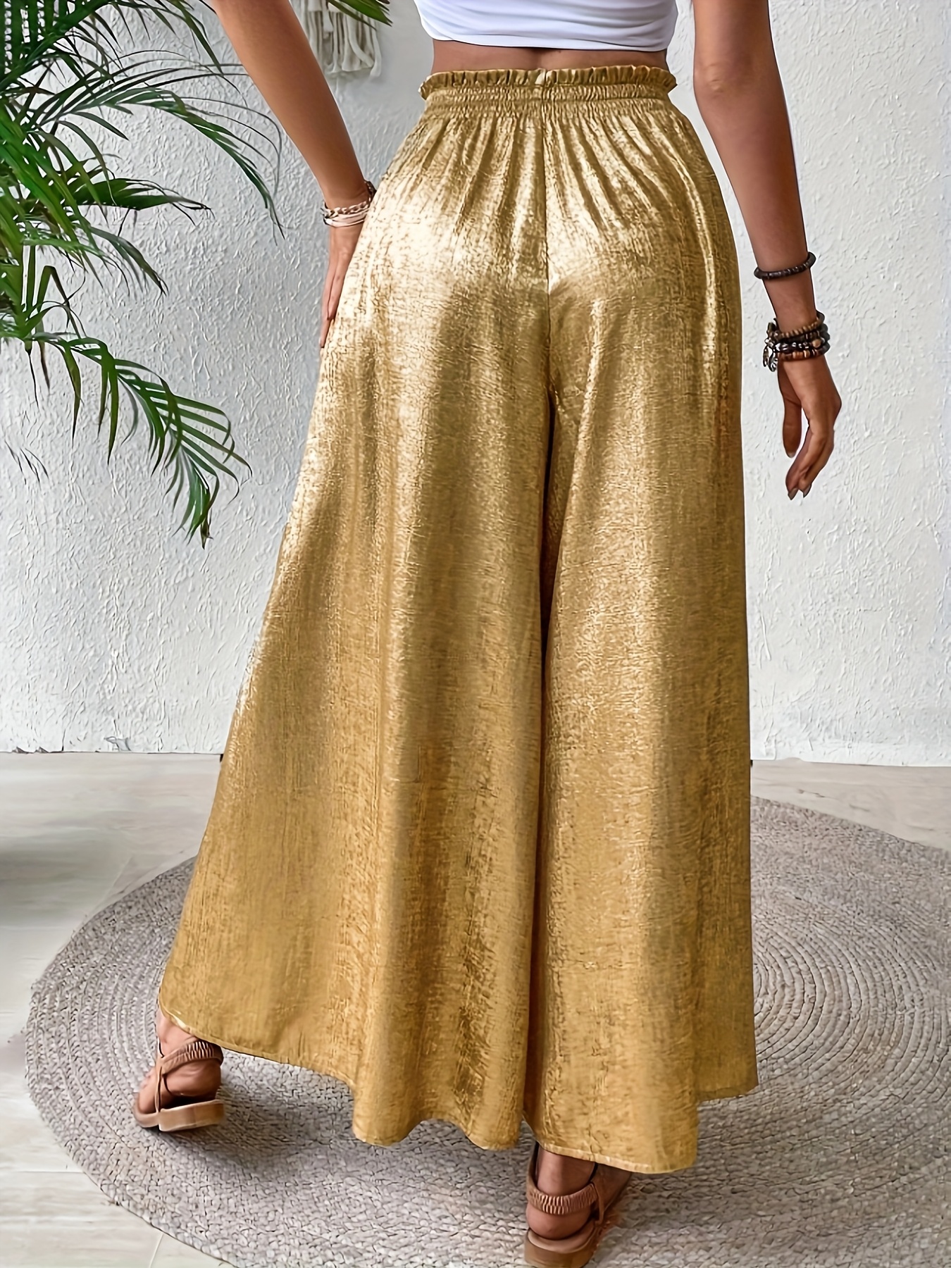Elegant Plus Size Wide Leg Pants with Pockets High Waist, Shiny Metallic  Golden Color, Casual Loose Fit for Spring/Summer, Women's Fashion