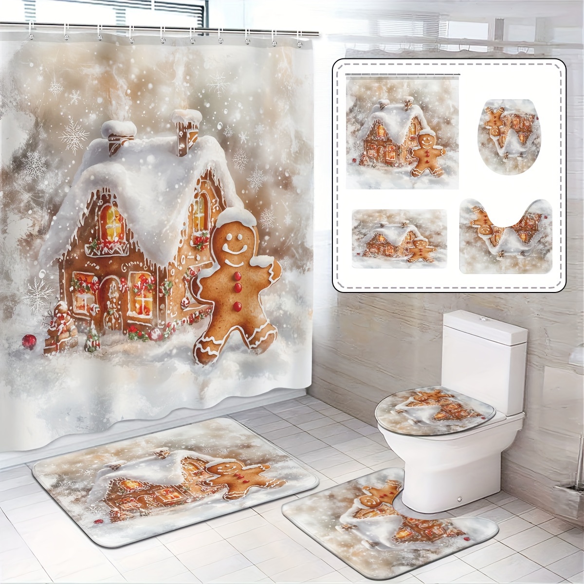 

Christmas & For Man Shower Curtain Set Bath Mat, U-shaped Rug, And Lid - Polyester, , For Decor