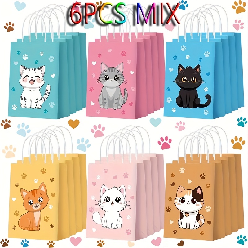 6pcs Cat-themed Gift Bags For Birthday Party Gift Wrapping, Made Of Paper