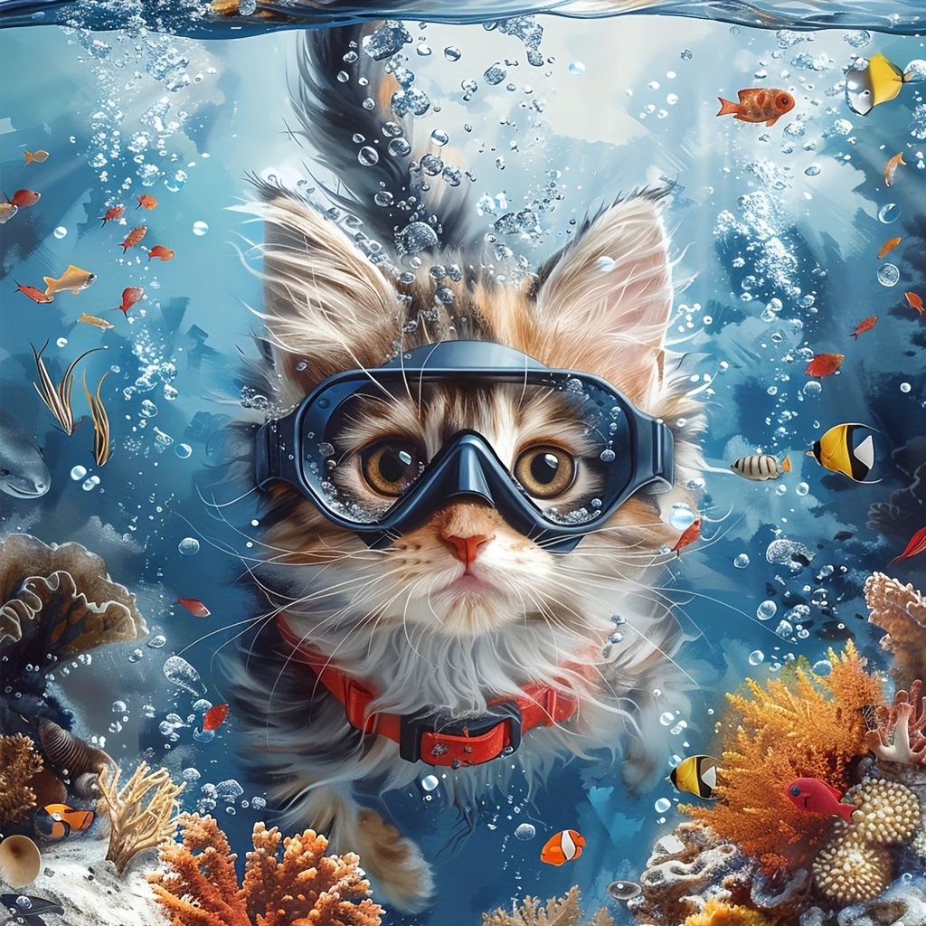 

1pc 40x40cm/15.7x15.7in Without Frame Diy Large Size 5d Diamond Art Painting Diving Kitten, Full Rhinestone Painting, Diamond Art Embroidery Kits, Handmade Home Room Office Wall Decor