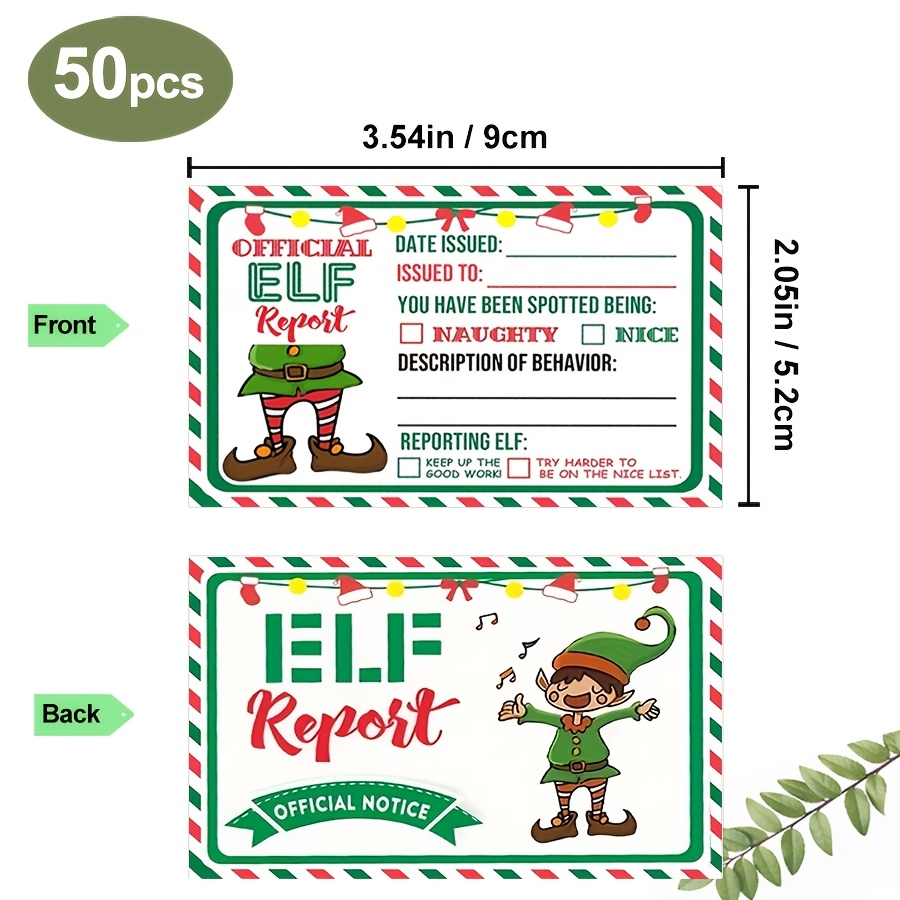 TEMU 50pcs Elf Report Greeting Cards, Double-sided Printed Design, Blank Space On Front For Date, Name, Behavior Description, Back With Cute Cartoon