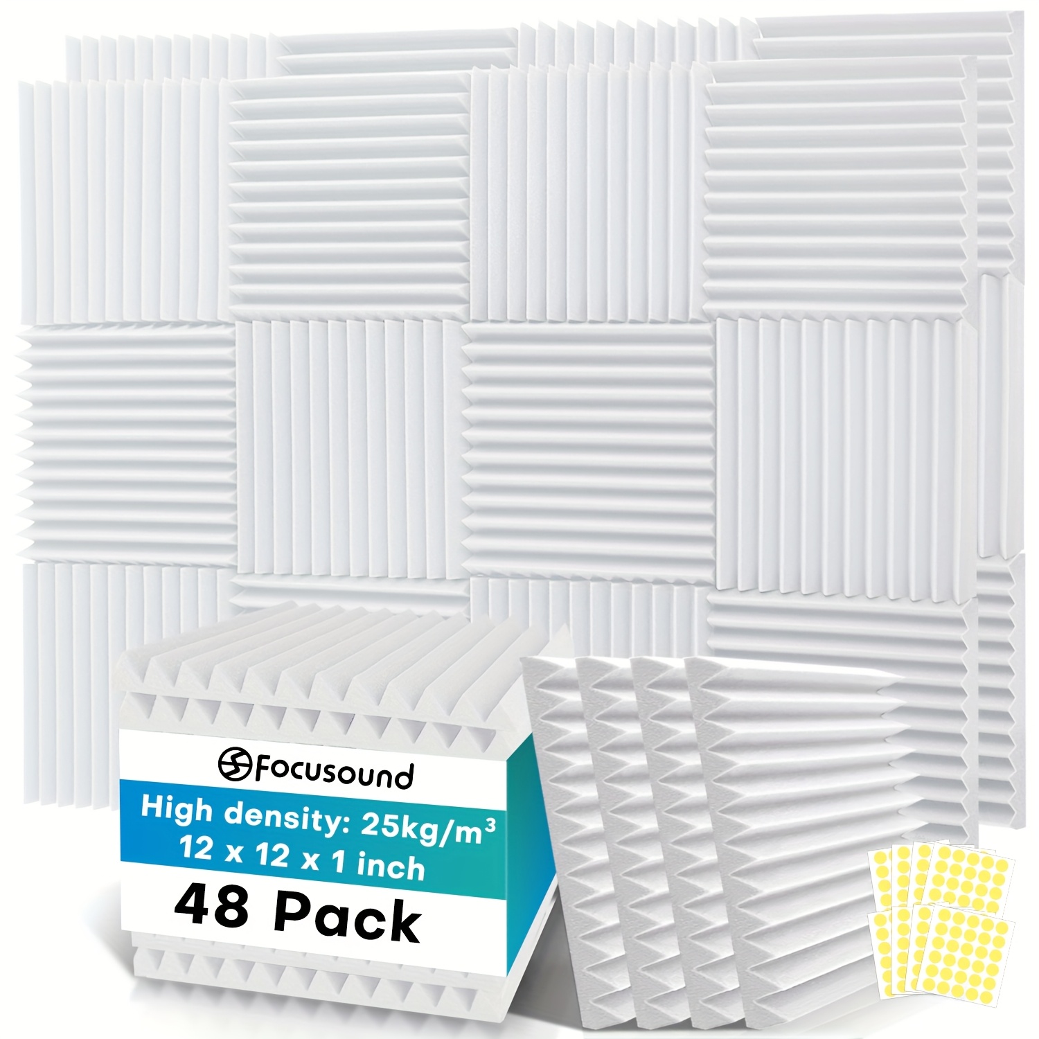 TEMU 양면 테이프가 있는 고밀도 폼 사운드 절연 패널 48개 세트, 12x12x1인치 방화 소음 흡수 패널, 비용 효율적이며 녹음 스튜디오, 사무실, 게임룸, 팟캐스트, 홈 시어터 및 침실 벽에 적합