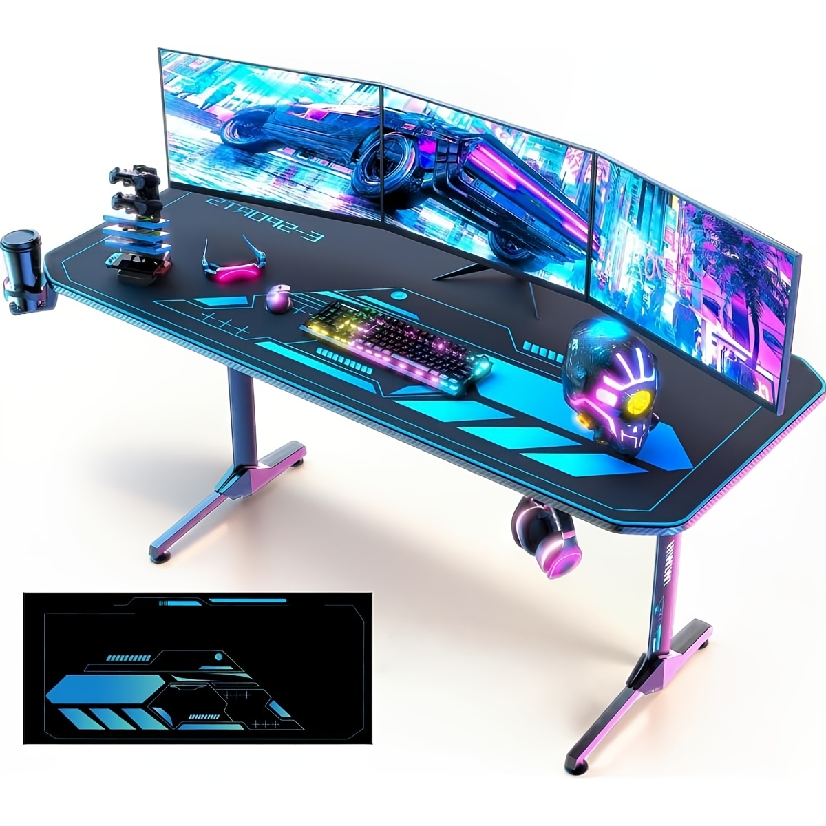 Image of Ergonomic Gaming Desk, 160cm Gaming Desk Computer Desk, Home Office Desks With Full Surface Mouse Mat, Gaming Table T-shaped Pc Gaming Workstation With Cup Holder And Headphone Hook