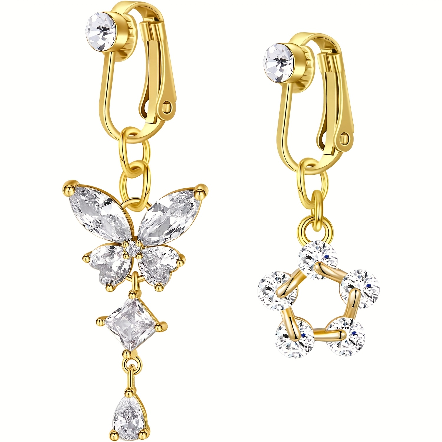 2pcs Dangle Fake Belly Button Rings, Flower Shaped, Stainless Steel Fake Belly Rings Belly Bar, Fake Belly Button Piercing, No Piercing Jewelry For Women