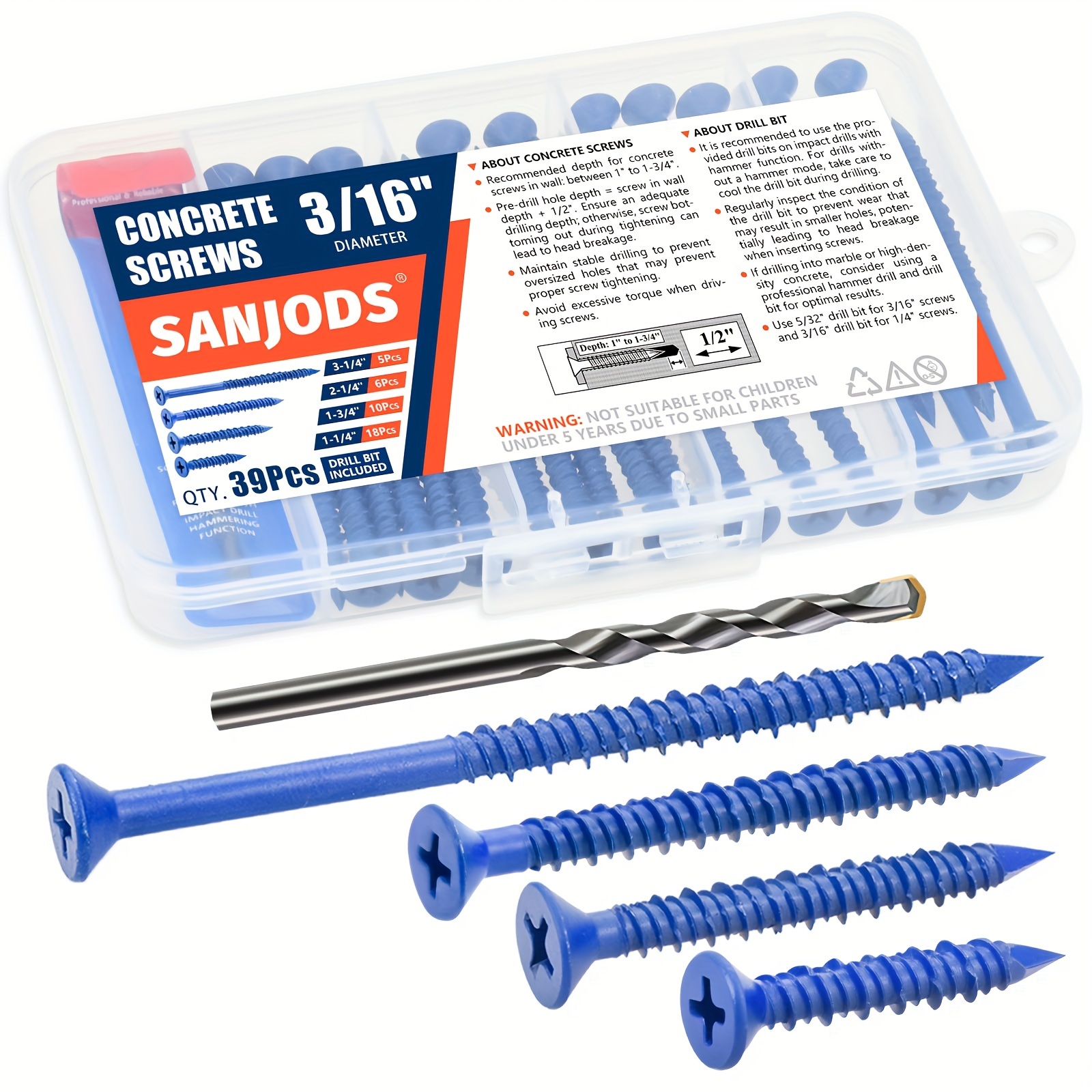 

Sanjods Carbon Steel Concrete Screws - Assortment Kit, Ansi 8.8 Class Masonry Anchor 39pcs With Drive & Partially Threaded, Epoxy Coated For Brick, , & Cement - Includes Drill Bit