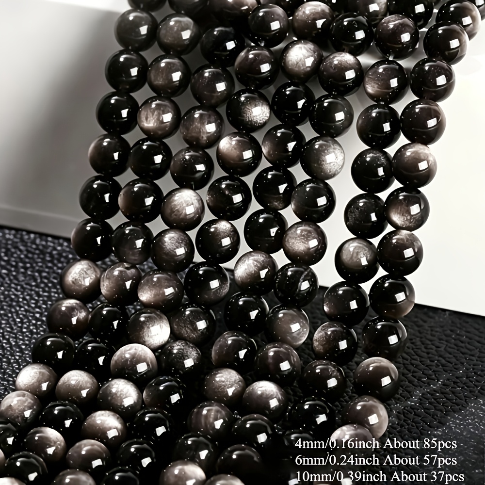 TEMU 4/6/10mm Natural Stone Silvery Obsidian Round Loose Beads For Handmade Bracelet Necelect Spacer Beads Home Decor 85/57/37pcs