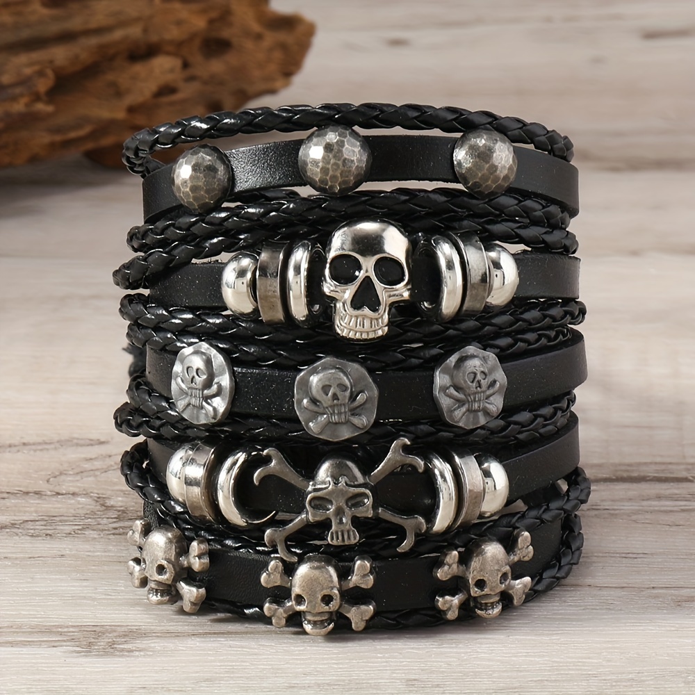 

Vintage Skull Charm Stackable Wristband Set, 5-piece Punk Handcrafted Pu Leather Wrap With Alloy Embellishments, No Mosaic Material - Adjustable Unisex Cuff Bands