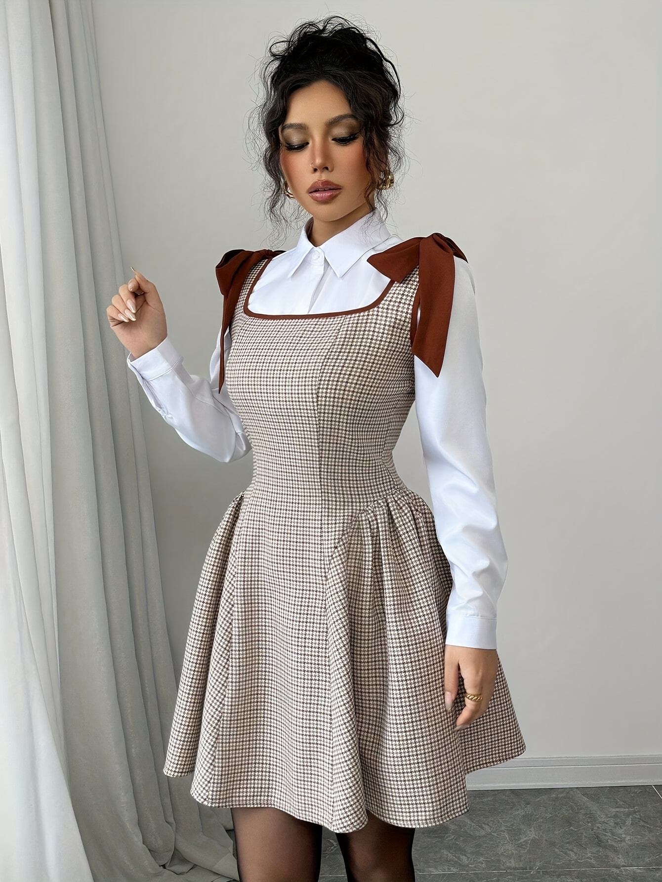 Elegant Women'S Plaid A-Line Dress, Square Neck, Fitted, Lace Up, Woven Polyester, 230g/m², with Cat Ear Design, for Adult, Summer