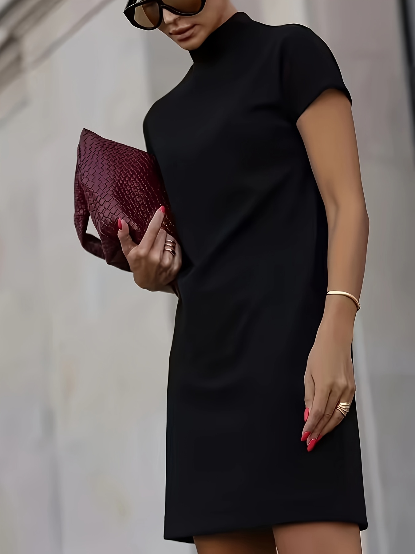 womens black turtleneck short sleeved fitted dress simple