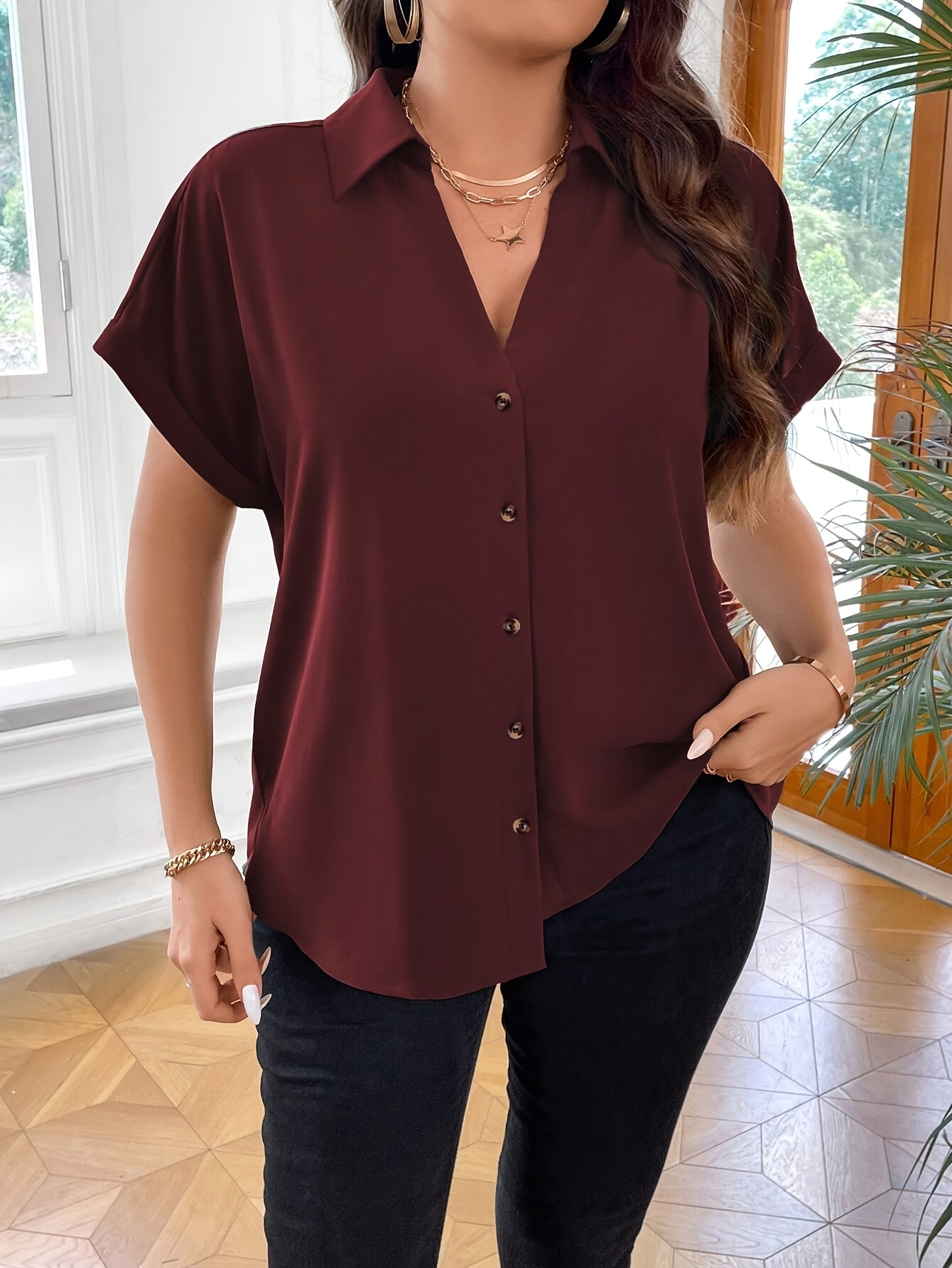 elegant womens short sleeve button shirt maroon collared - Temu Kuwait