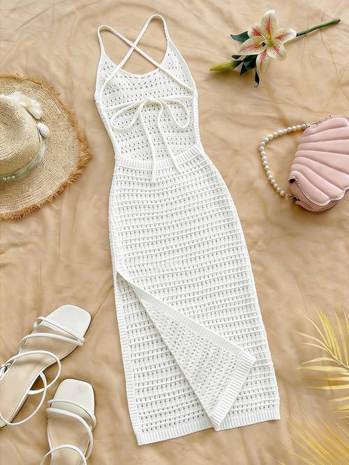 26ss womens fashion beach seaside sheer backless slit dress cover up bikini