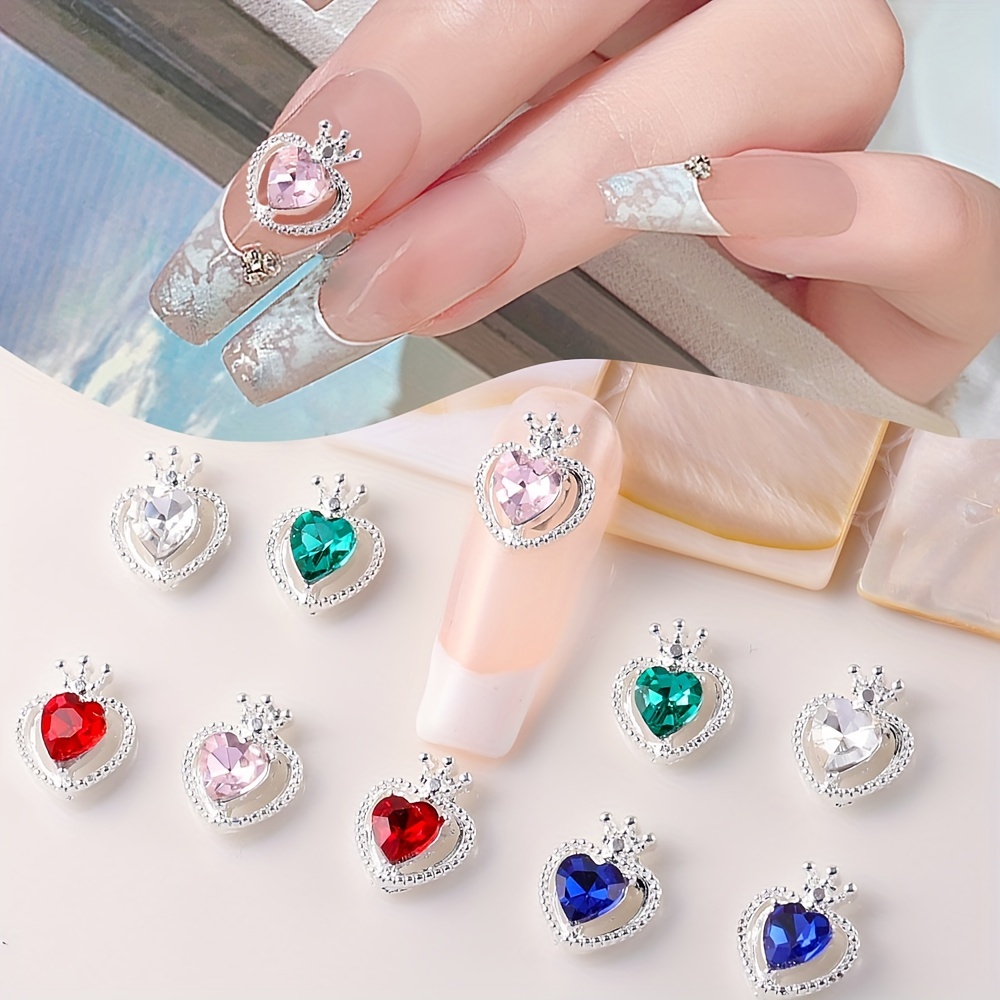 

10-piece Set Of 3d Heart & Crown Rhinestone Nail Charms - Alloy, Scent-free Manicure Accessories For Hands, Feet & Nails