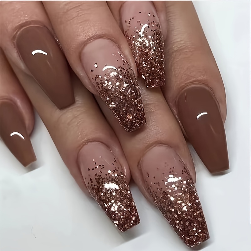 

Long Ballet-shape Brown Glitter Press-on Nails, 24pcs Set With Jelly Glue And Nail File