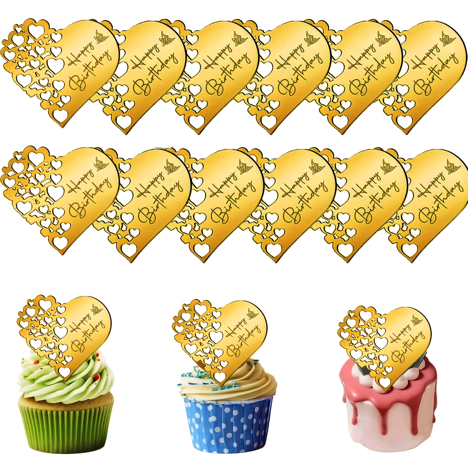 Image of 12pcs Heart-shaped Happy Birthday Cupcake Toppers Acrylic Cake Disc For Birthday Party Cupcake Birthday Decorations