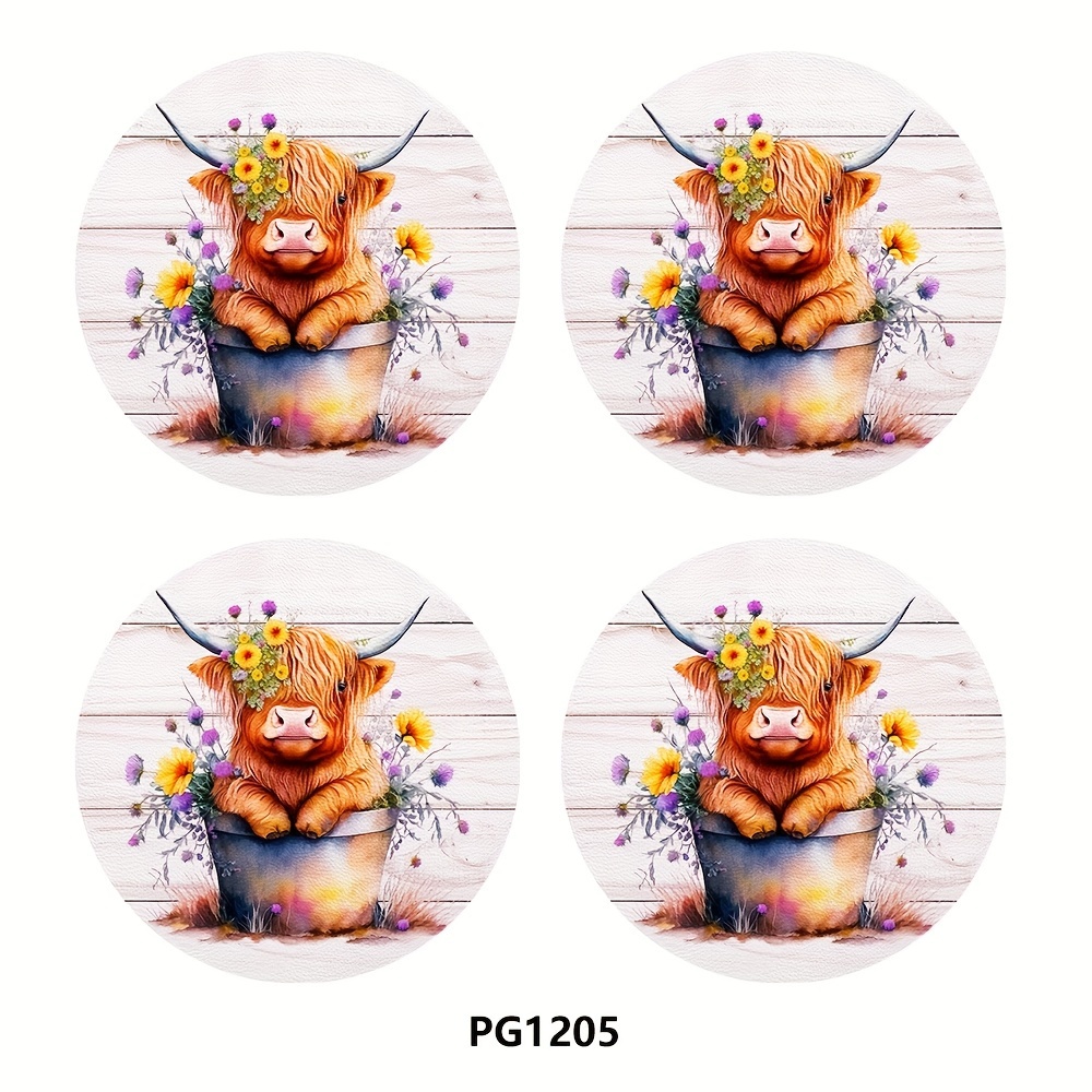 TEMU 4pcs Calf Floral Pattern Car Coaster, 2.75in Round Pu Leather Trim Car Coaster, , Drink Mat For Car Interior Accessories, Decorative Coaster