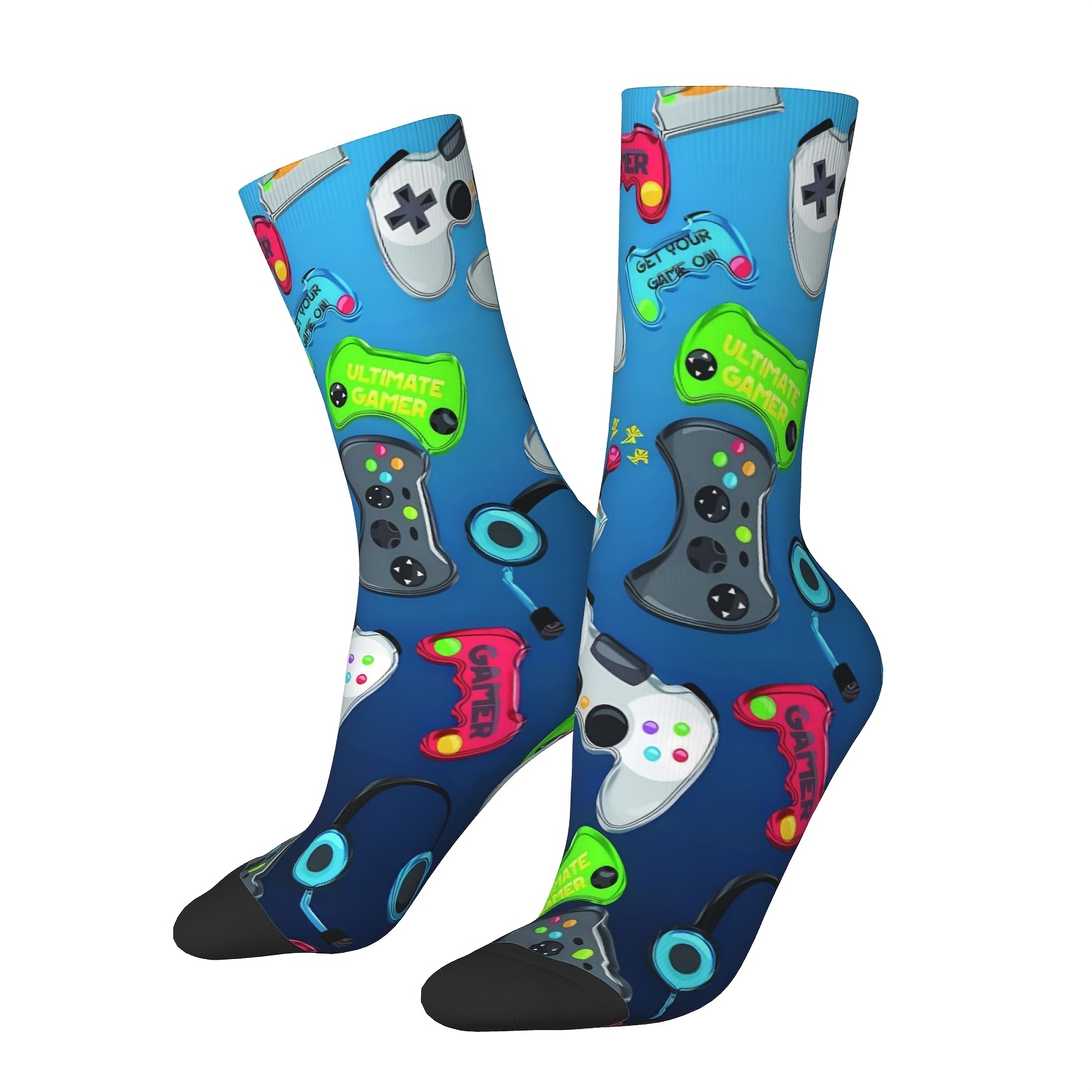 TEMU A Pair Of Unisex Outdoor Sports Socks, Blue Video Game Controller Print With Gamer Text, Machine Washable, Suitable For Outdoor Sports