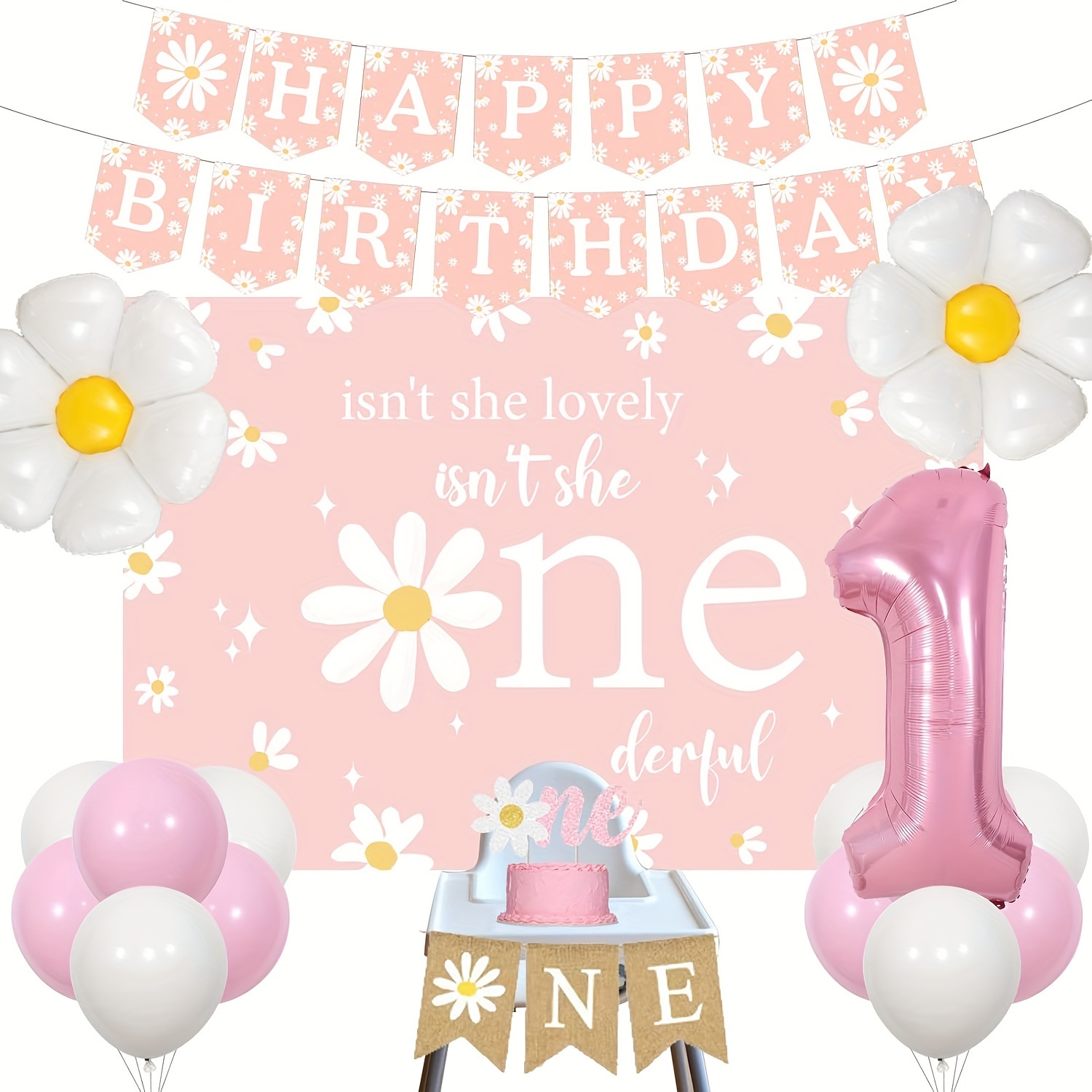 

1set Daisy Birthday Decorations, Pink And White Balloons Daisy Flower Number 1 Foil Balloon, Isn't She Lovely Isn't She Onederful Backdrop, Happy Birthday High Chair Banner Cake Topper
