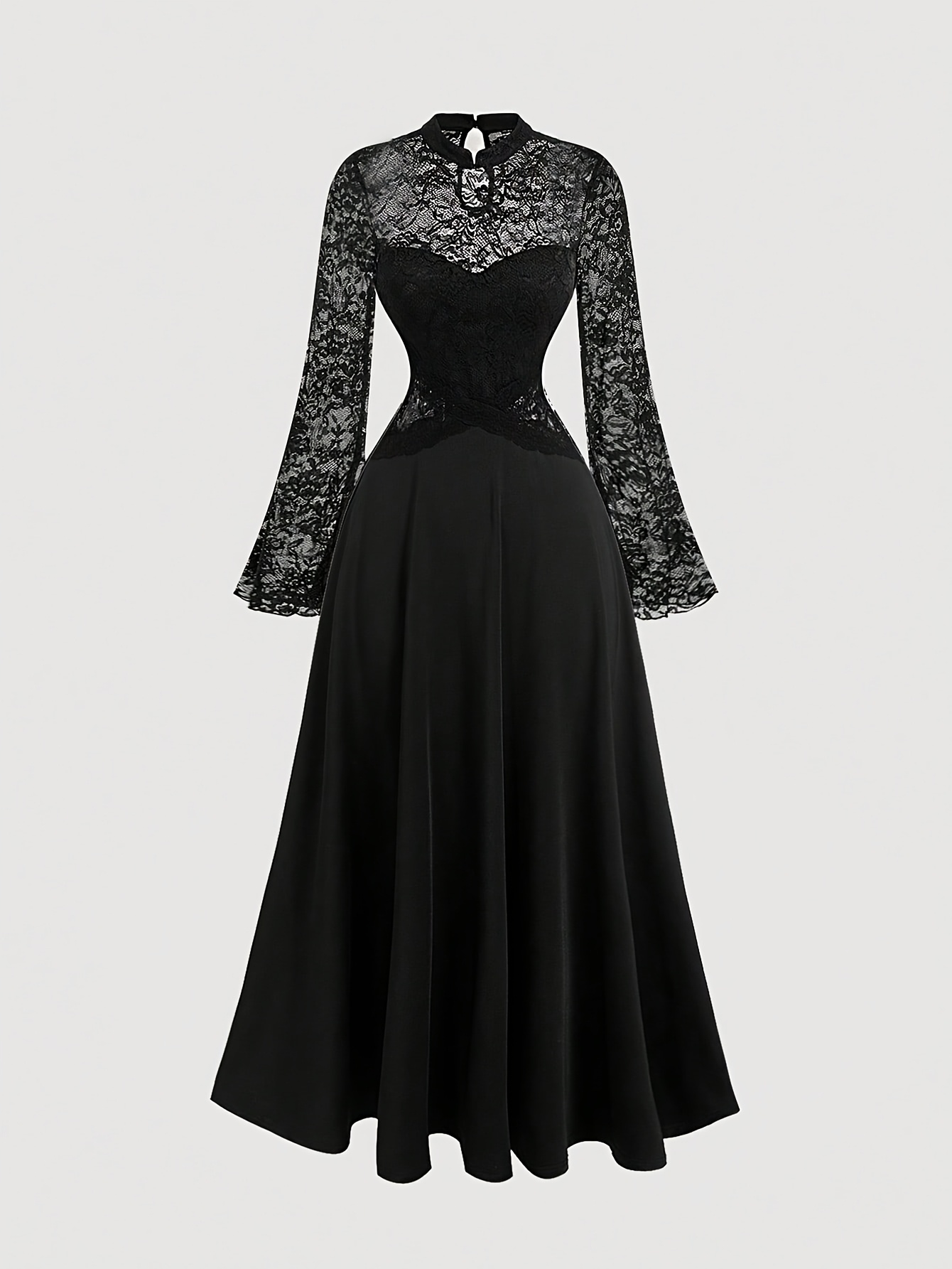 slim fit dress slacks Long Sleeve Lace Dress M / Black/Nude / 02657
