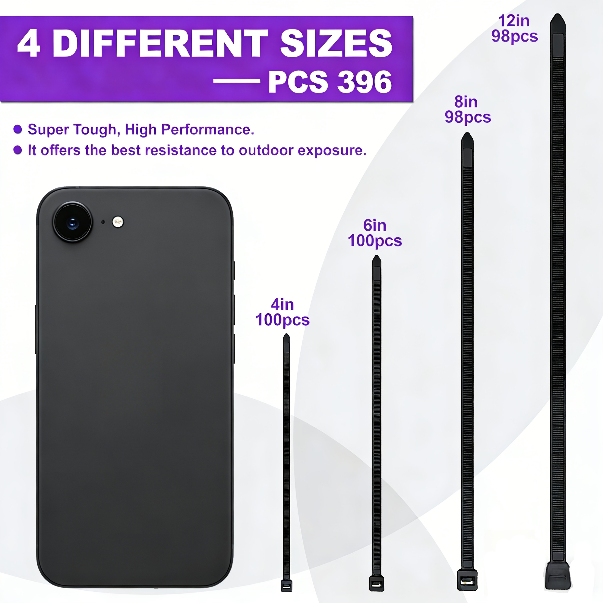 TEMU 396-pack Black Nylon Zip Ties, Self-locking Cable Ties With 4 Mixed Sizes 4/6/8/12 Inch, Heavy Duty For Indoor Outdoor Organizing