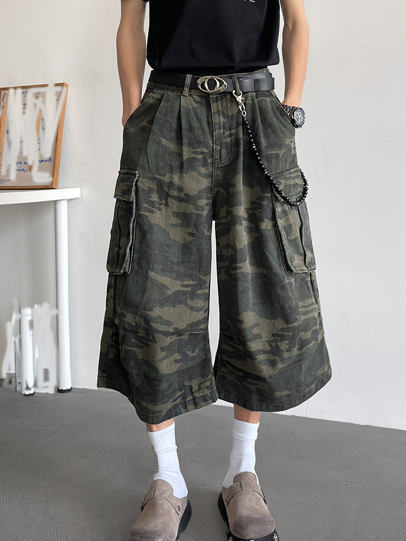 mens summer camo cargo shorts 62 cotton 37 polyester blend 7 8 length lightweight 380gsm multiple pockets for outdoor casual wear 0