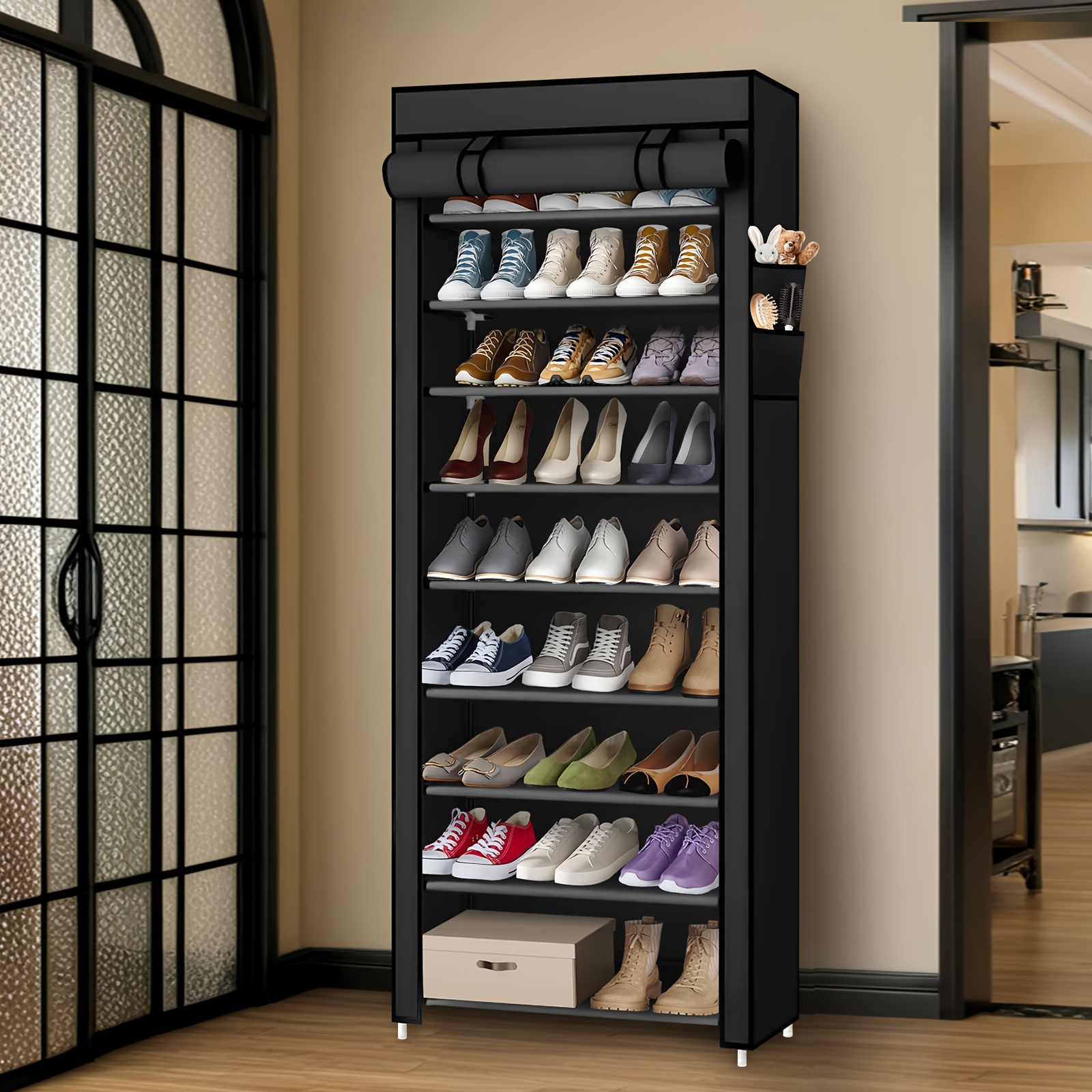 TEMU à Chaussures 10 Étages avec Housse -Poussière, Étagère à Chaussures en Non-Tissé Économiseuse d'Espace, Grande Capacité, Facile à Assembler, à