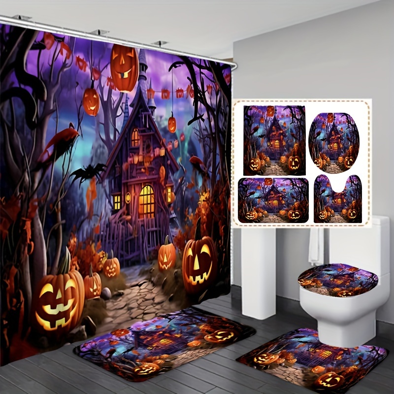 

1pc/3pcs/4pcs Purple Night Sky Horror Pumpkin Castle Bathroom Set Shower Curtain Four-piece Set Three-piece Set