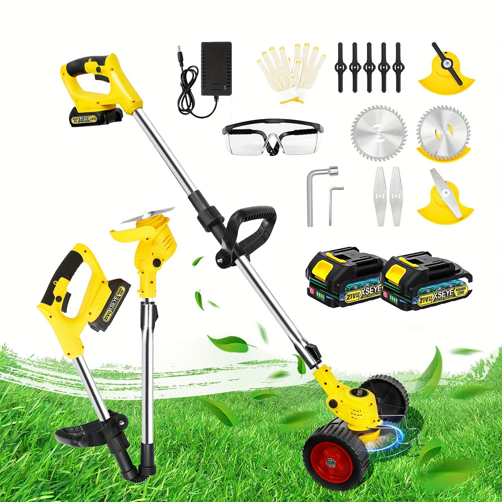 

Xseye Electric 21v Battery Operated Cordless 3-in-1 Brush Cutter With Wheels And 3 Types Of Cutting Blades Lightweight Grass Trimmer Types For Lawns Yard Garden