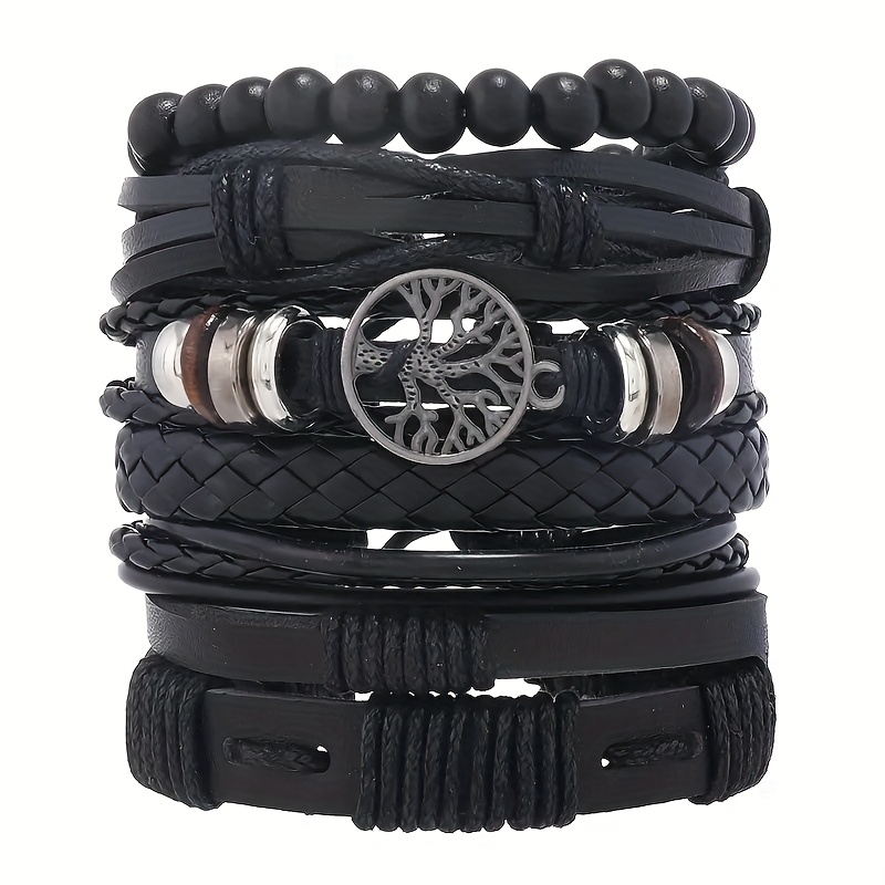 E-shop Herren-Armbandset aus Kunstleder mit Perlen und Lebensbaum-Anhänger, Trendiger Stil 6-teilig Mehrschichtiges Strickarmband DIY