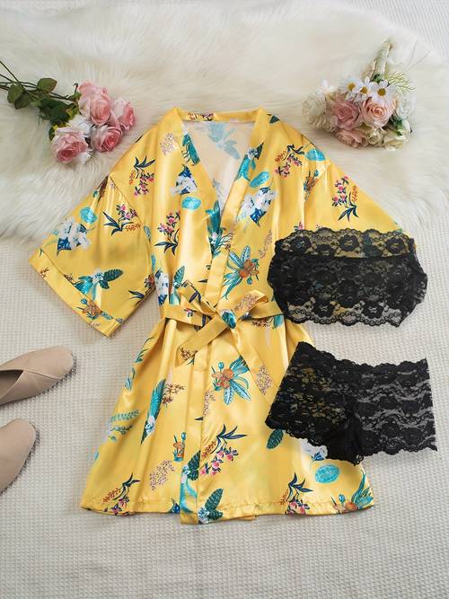 womens fashion satin print nightgown loose casual comfortable sleeve bathrobe robe